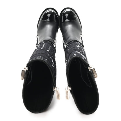 Chanel Tweed Calfskin Patent Cap Toe CC High Boots 39 Black Navy White 2 of 11