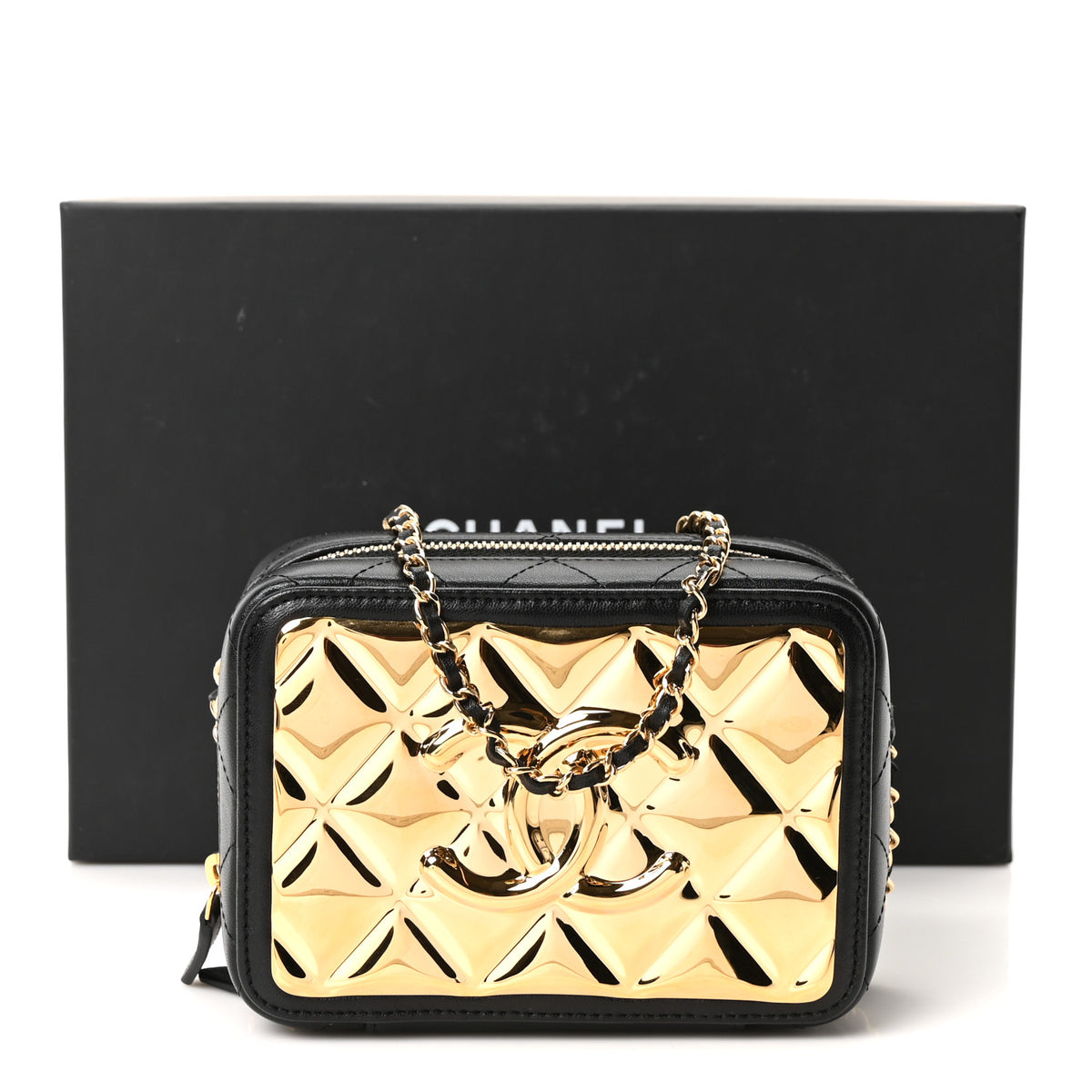Lambskin Quilted Golden Plate Clutch With Chain Black