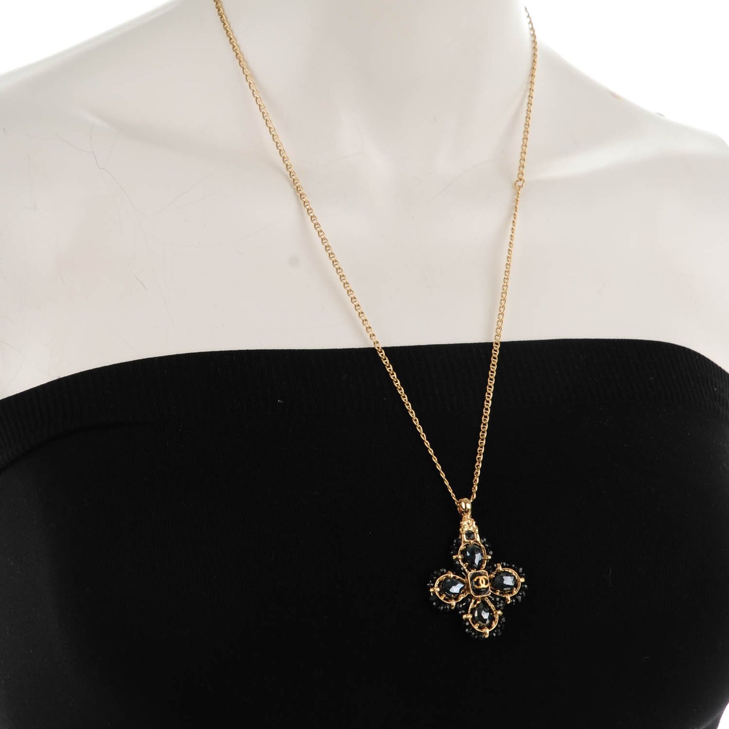 Crystal Bead CC Pendant Necklace Black Gold