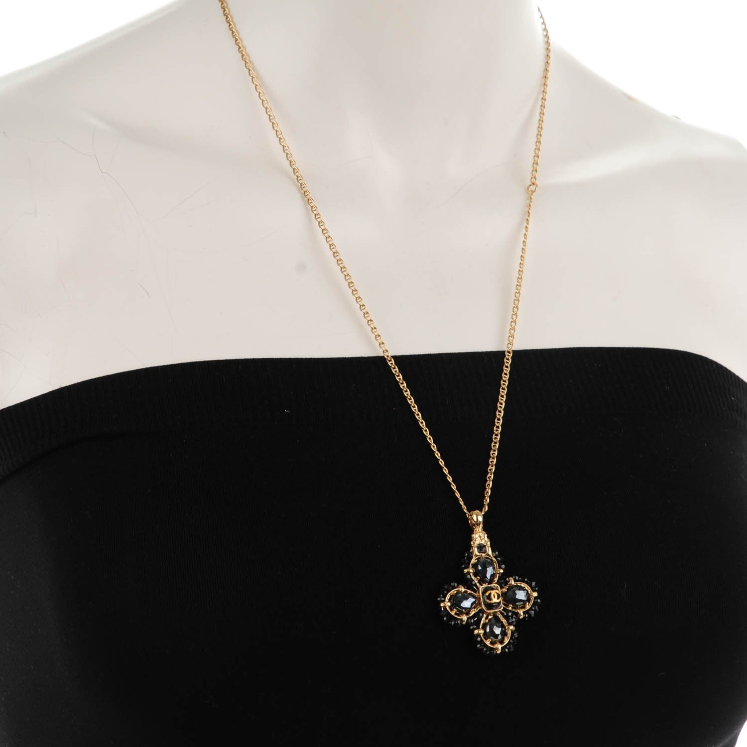 Chanel Crystal Bead CC Pendant Necklace Black Gold 2 of 4