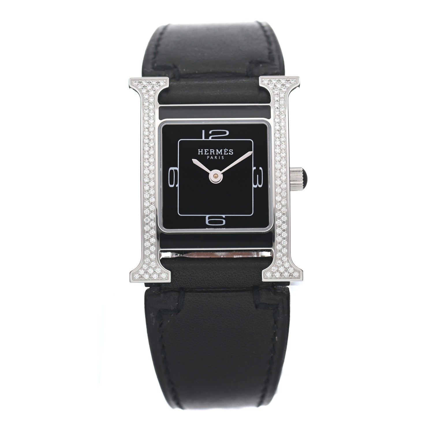 Hermes Stainless Steel Barenia Diamond 21mm Heure H Hour Double Jeu Quartz Watch Noir 1 of 5