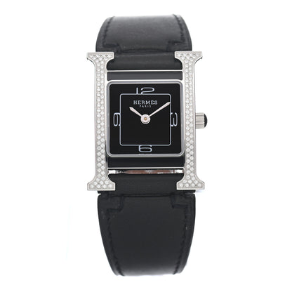 Hermes Stainless Steel Barenia Diamond 21mm Heure H Hour Double Jeu Quartz Watch Noir 1 of 5