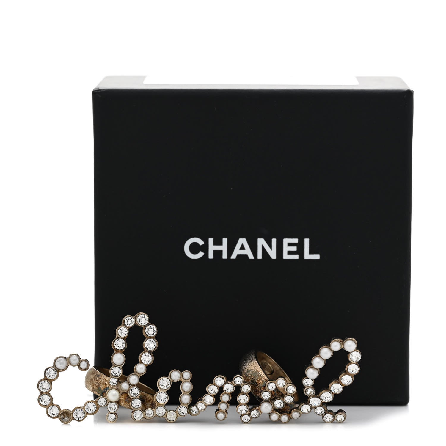 Chanel Crystal Pearl Cha-Nel Rings Set Gold 6 of 6