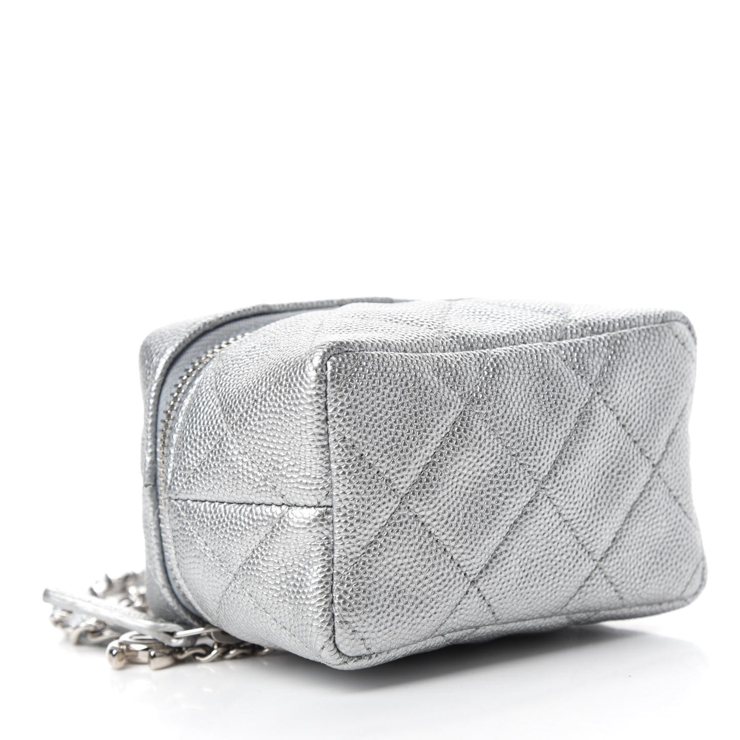 Metallic Caviar Quilted Mini Top Handle Vanity With Chain Silver