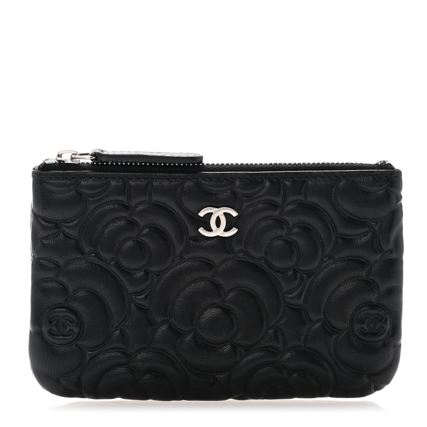 Goatskin Camellia Embossed Cosmetic Pouch Black