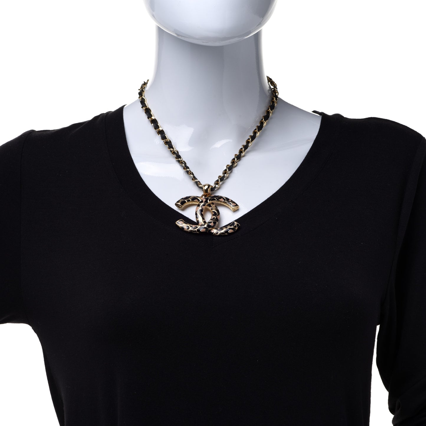 Metal Calfskin Leopard Print CC Pendant Necklace Gold Black Beige