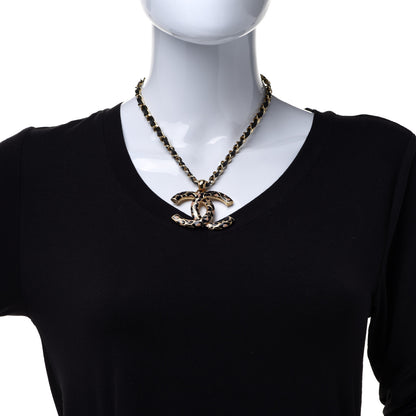 Chanel Metal Calfskin Leopard Print CC Pendant Necklace Gold Black Beige 2 of 6