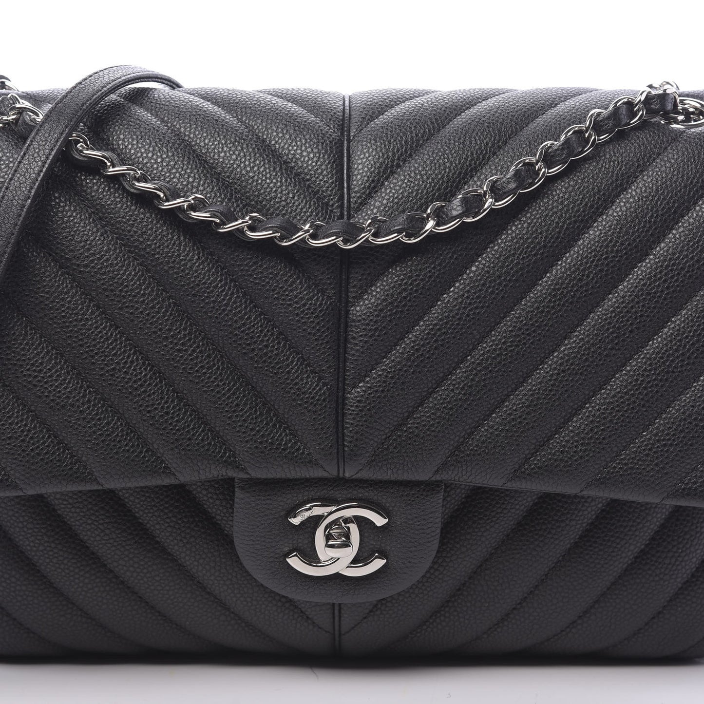Caviar Chevron Quilted Large Puffy CC Flap Black