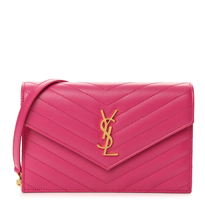 Saint Laurent Grain De Poudre Matelasse Chevron Monogram Envelope Chain Wallet Fresh Fuchsia 1 of 9