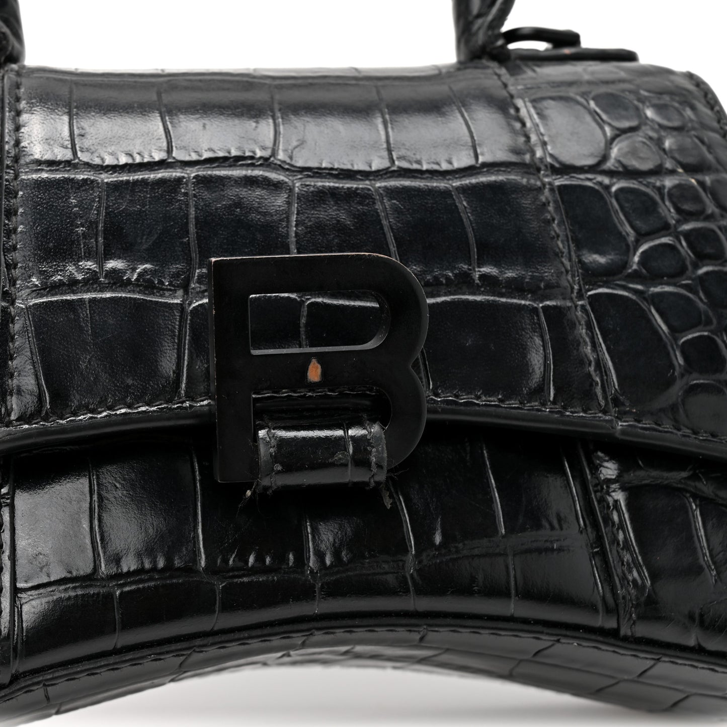 Shiny Calfskin Monochrome Crocodile Embossed Hourglass Top Handle Bag XS Black