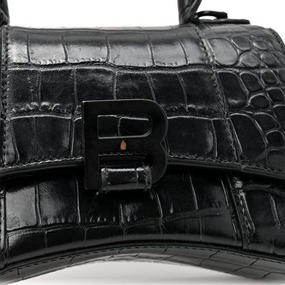 Balenciaga Shiny Calfskin Monochrome Crocodile Embossed Hourglass Top Handle Bag XS Black 17 of 17