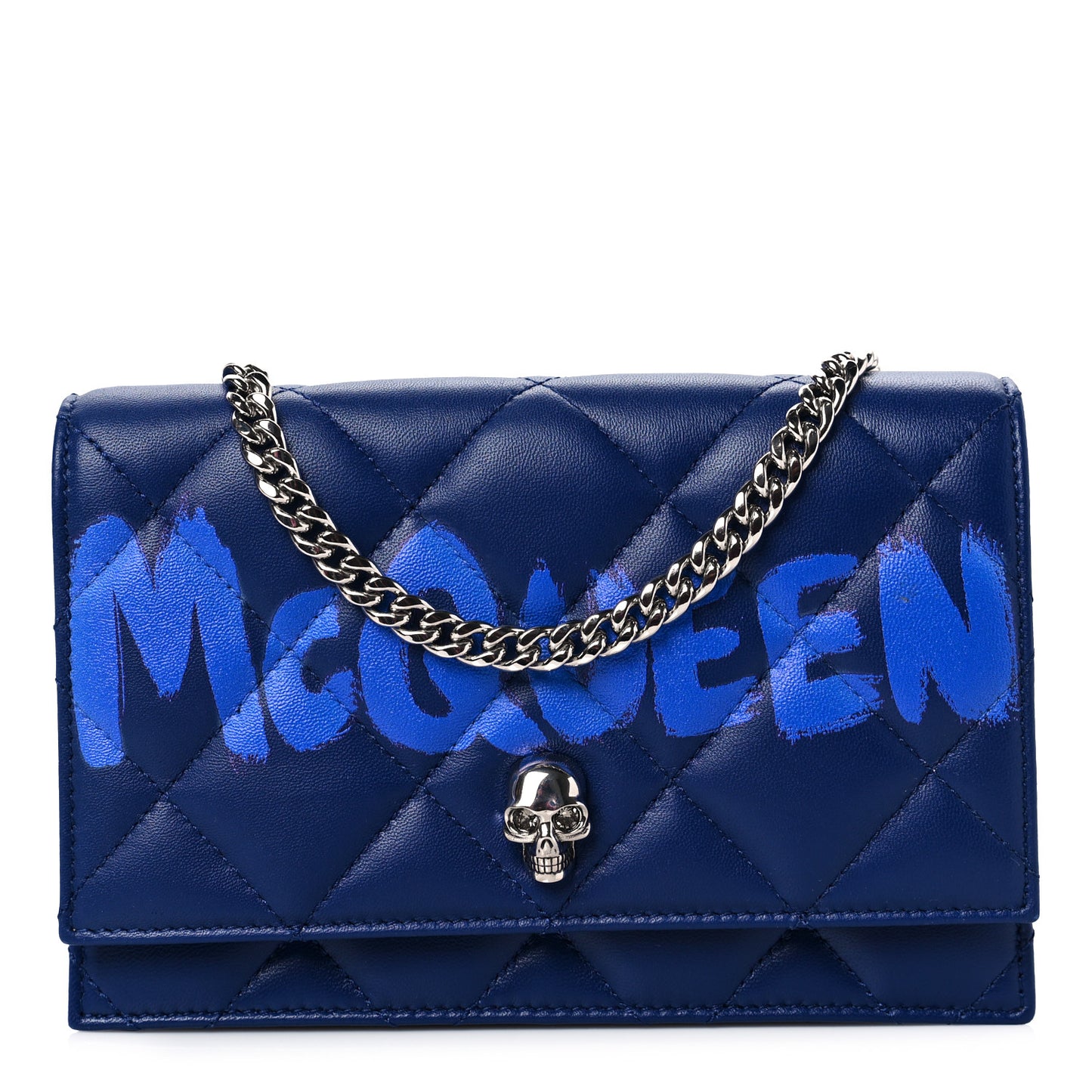 Calfskin Quilted Graffiti Skull Mini Chain Crossbody Bag Blue