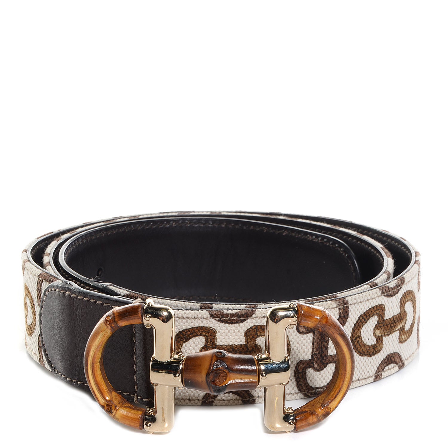 Gucci Leather Canvas Bamboo Horsebit Print Belt 95 38 Brown 1 of 11