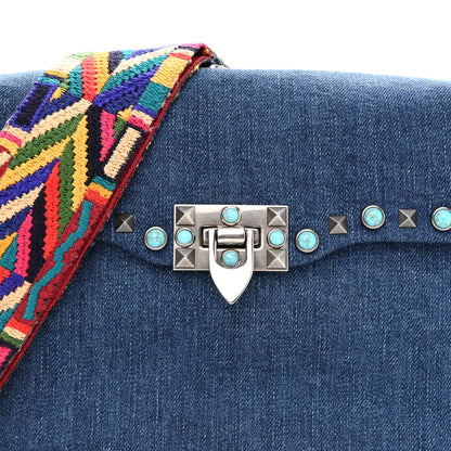 Valentino Garavani Denim Medium Guitar Strap Rockstud Rolling Flap Saddle Bag 8 of 10