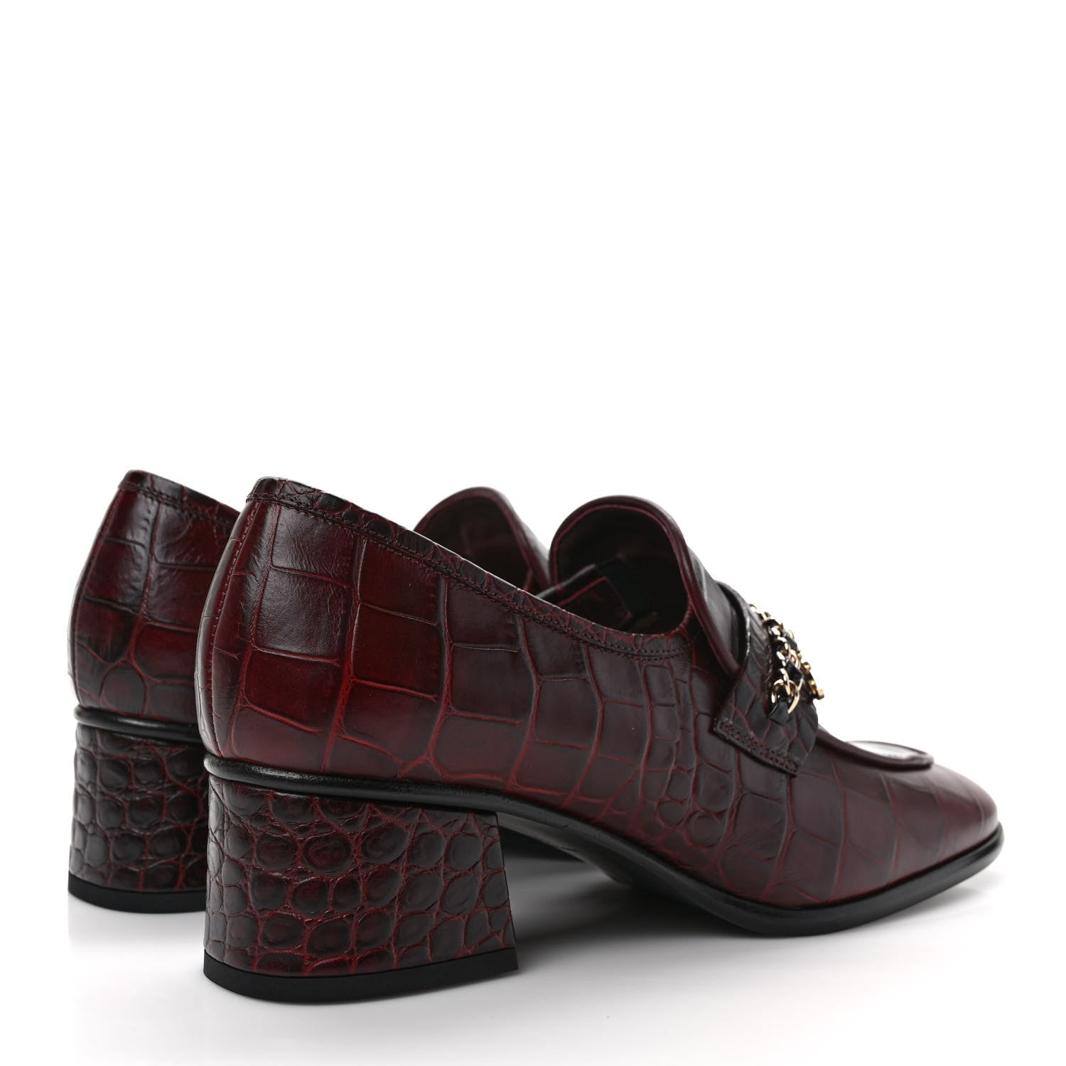 Chanel Crocodile Embossed Calfskin CC Chain Mocassin Loafers 38 Burgundy Black 4 of 9