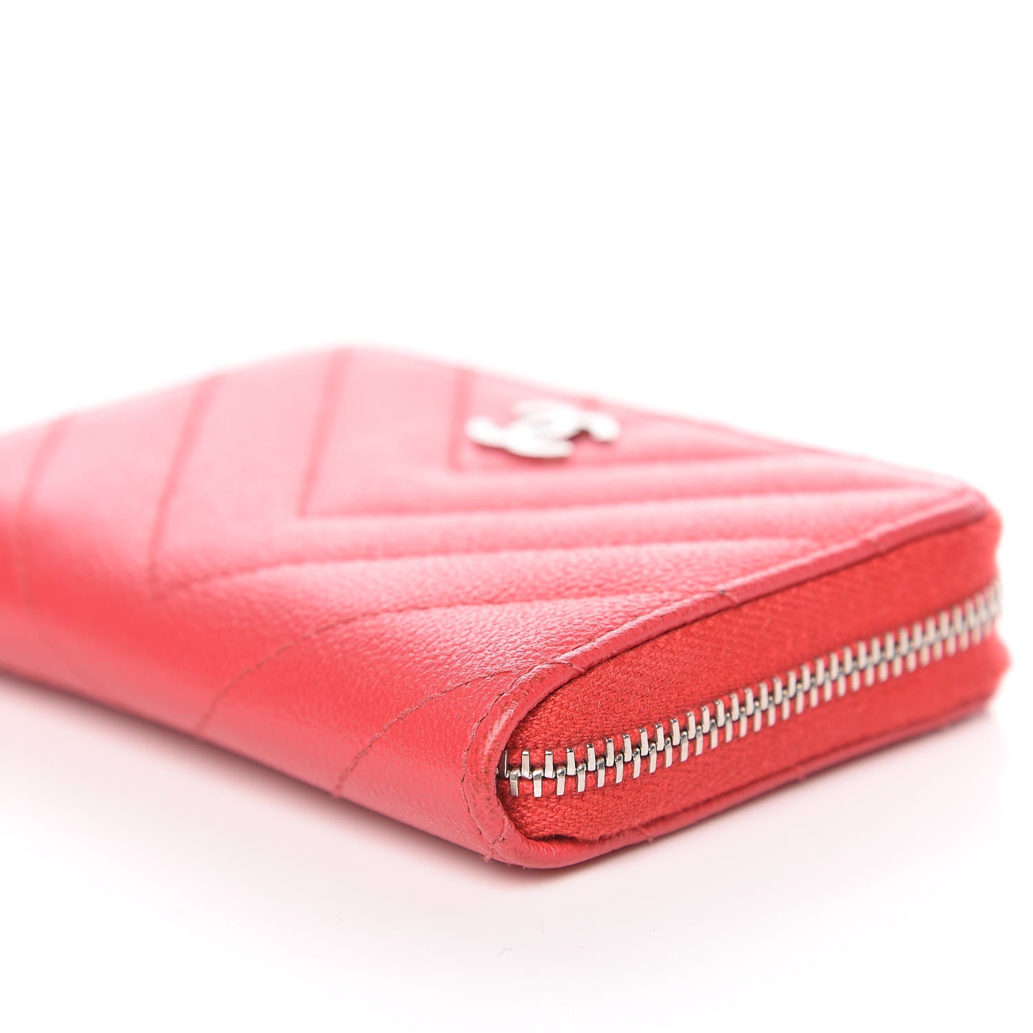 Chanel Caviar Chevron Quilted Zip Coin Purse Light Red 9 of 12