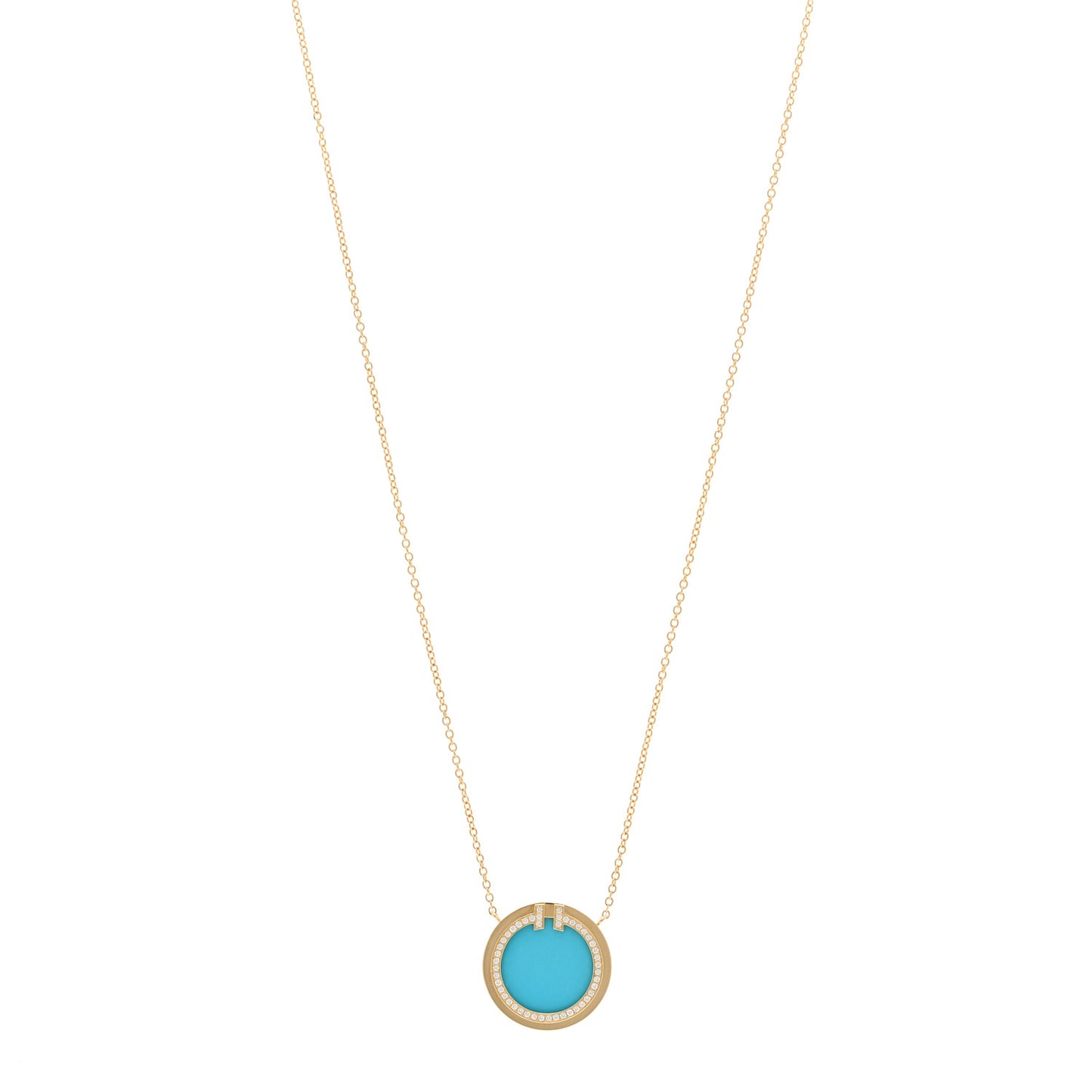 18K Yellow Gold Diamond Turquoise T Circle Pendant Necklace