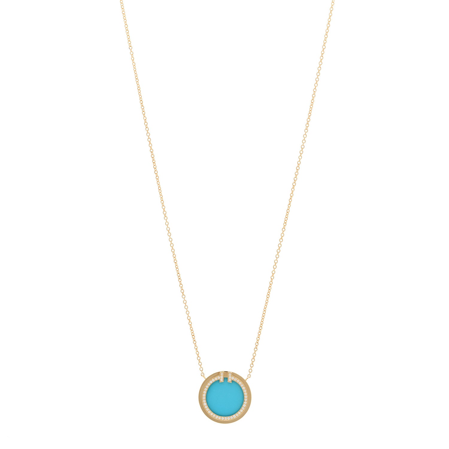 Tiffany 18K Yellow Gold Diamond Turquoise T Circle Pendant Necklace 1 of 6