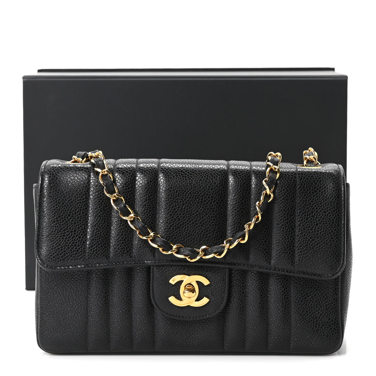 Caviar Vertical Quilted Small Single Flap Black