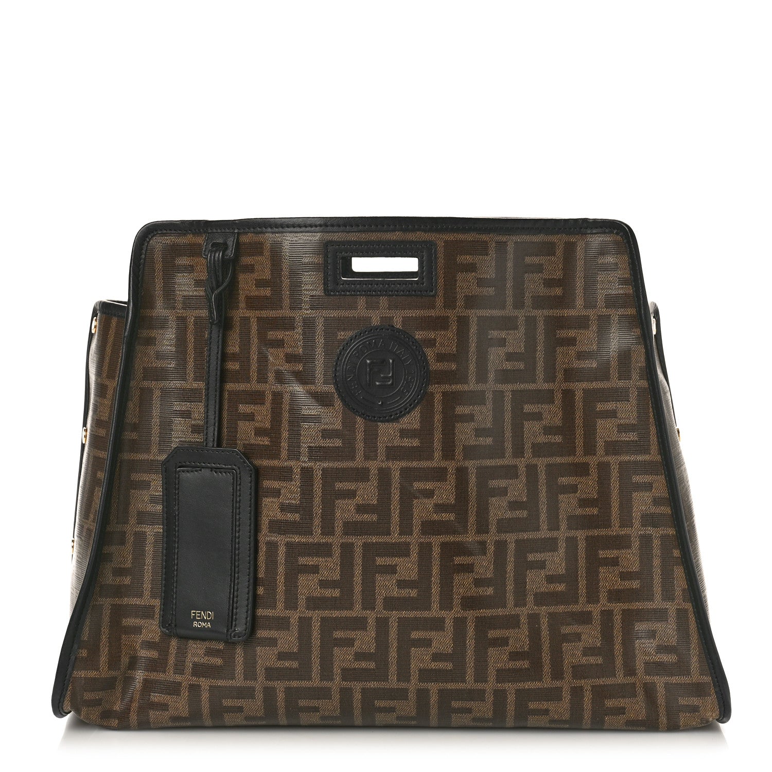Fendi Glazed Fabric Vitello Century FF 1974 Stamp Patch Medium Peekaboo Defender Cover Mogano Panna Black 1 of 9
