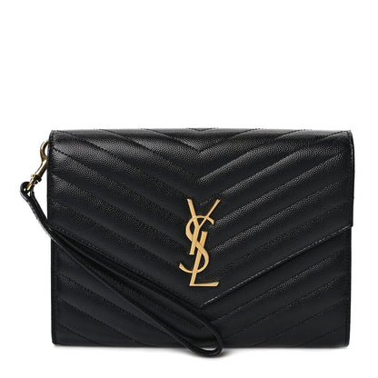 Saint Laurent Grain De Poudre Matelasse Chevron Monogram Envelope Clutch Black 1 of 8