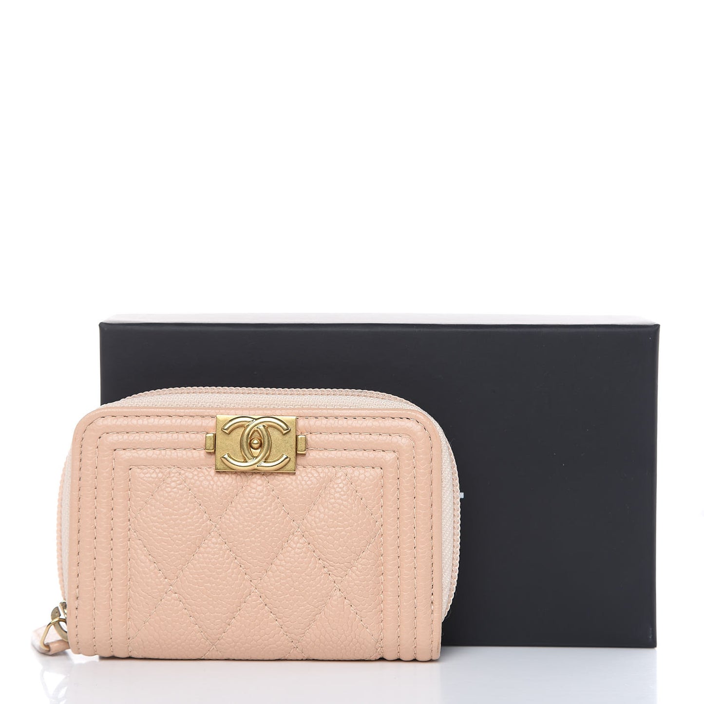 Caviar Quilted Boy Zip Around Coin Purse Wallet Beige Clair