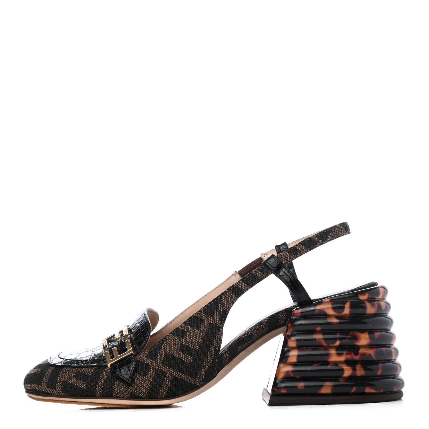 Fendi Jacquard Calfskin FF Tortoise Promenade Slingback Loafer Pumps 36 Tobacco 1 of 4