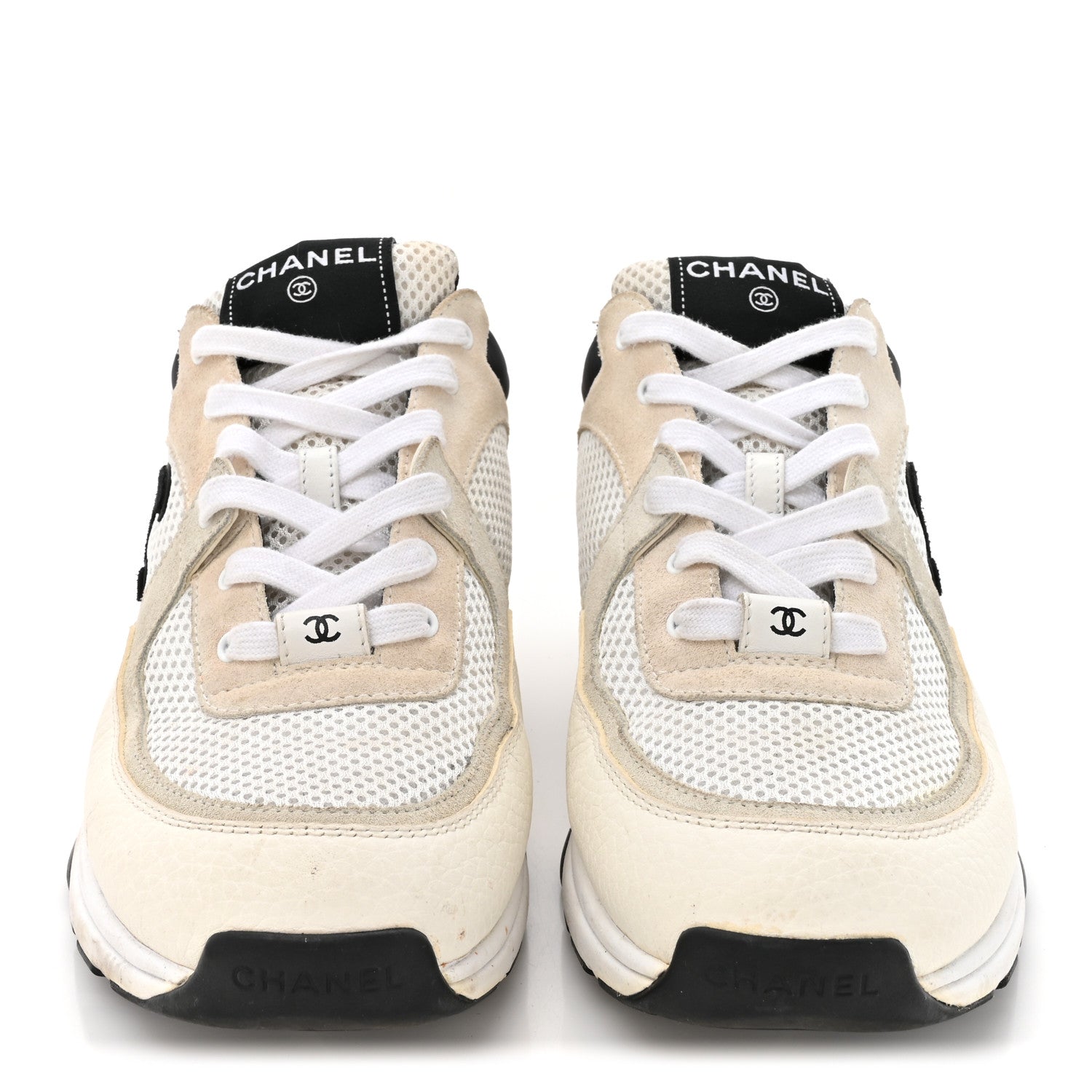 Chanel Mesh Suede Calfskin Grained Calfskin Womens CC Sneakers 41 White Black 3 of 9