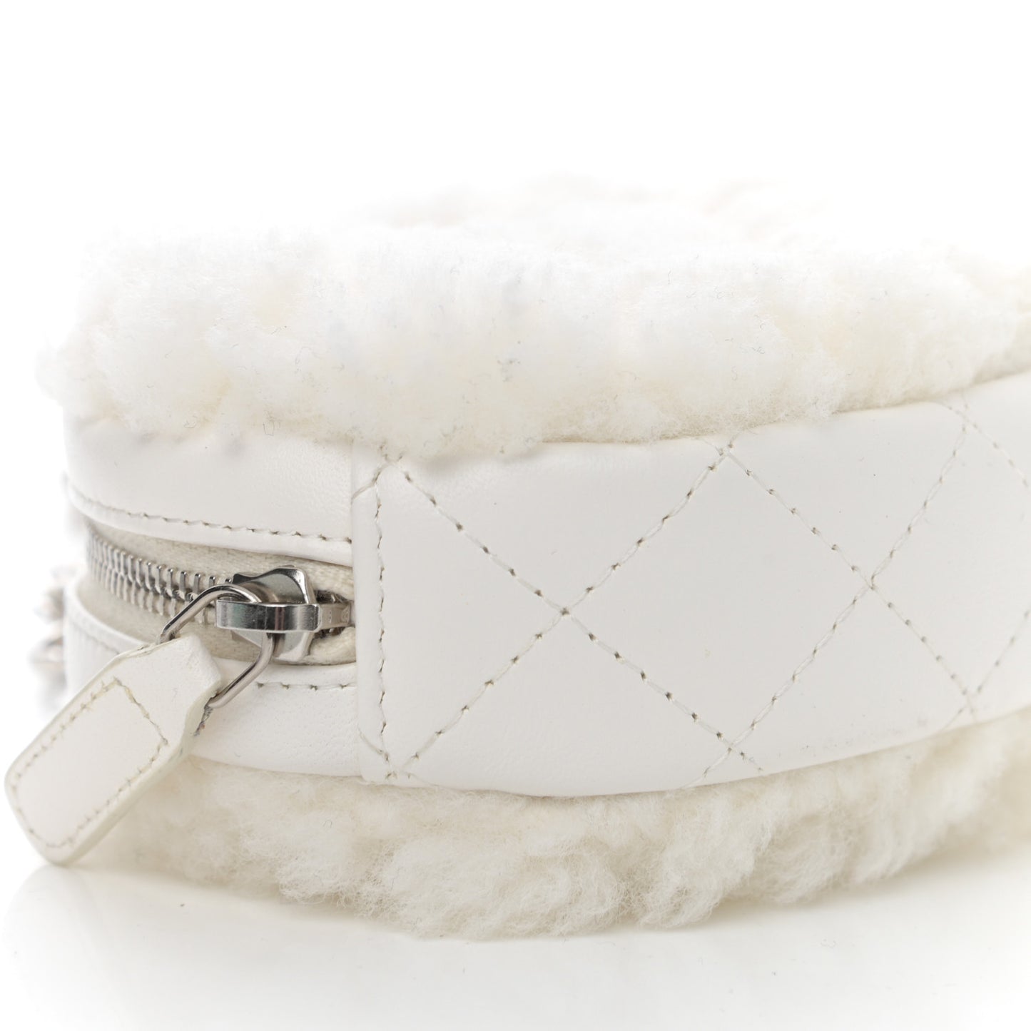 Shearling Sheepskin Lambskin Quilted Round Clutch With Chain White