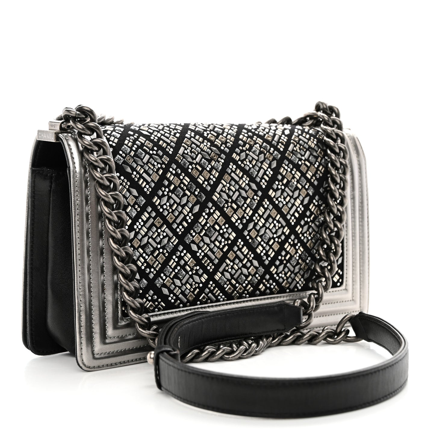 Metallic Lambskin Embellished Medium Boy Flap Black Silver