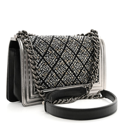 Chanel Metallic Lambskin Embellished Medium Boy Flap Black Silver 3 of 12