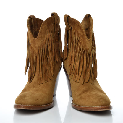 Saint Laurent Suede New Western 80 Fringe Ankle Boots 37 Tan 6 of 9