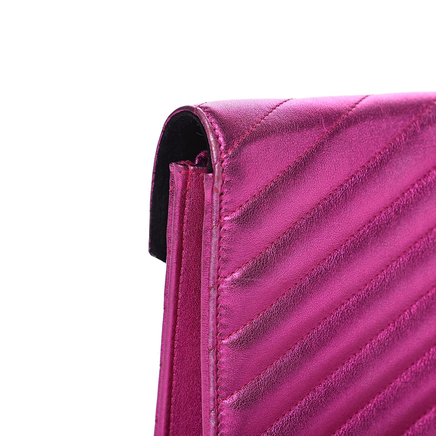 Metallic Calfskin Matelasse Chevron Monogram Envelope Chain Wallet Fuchsia