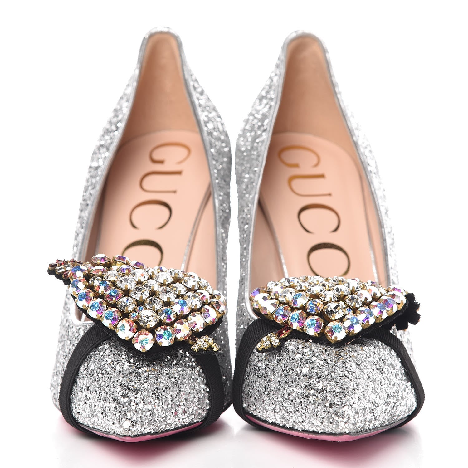 Gucci Nappa Silk Glitter Removable Crystal Heart Pumps 38.5 Argento 4 of 12