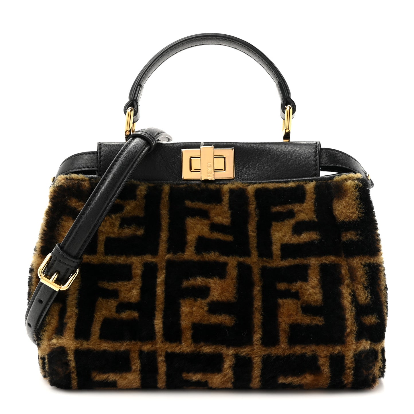 Shearling Nappa Macro FF 1974 Mini Peekaboo Iconic Satchel Tobacco Black