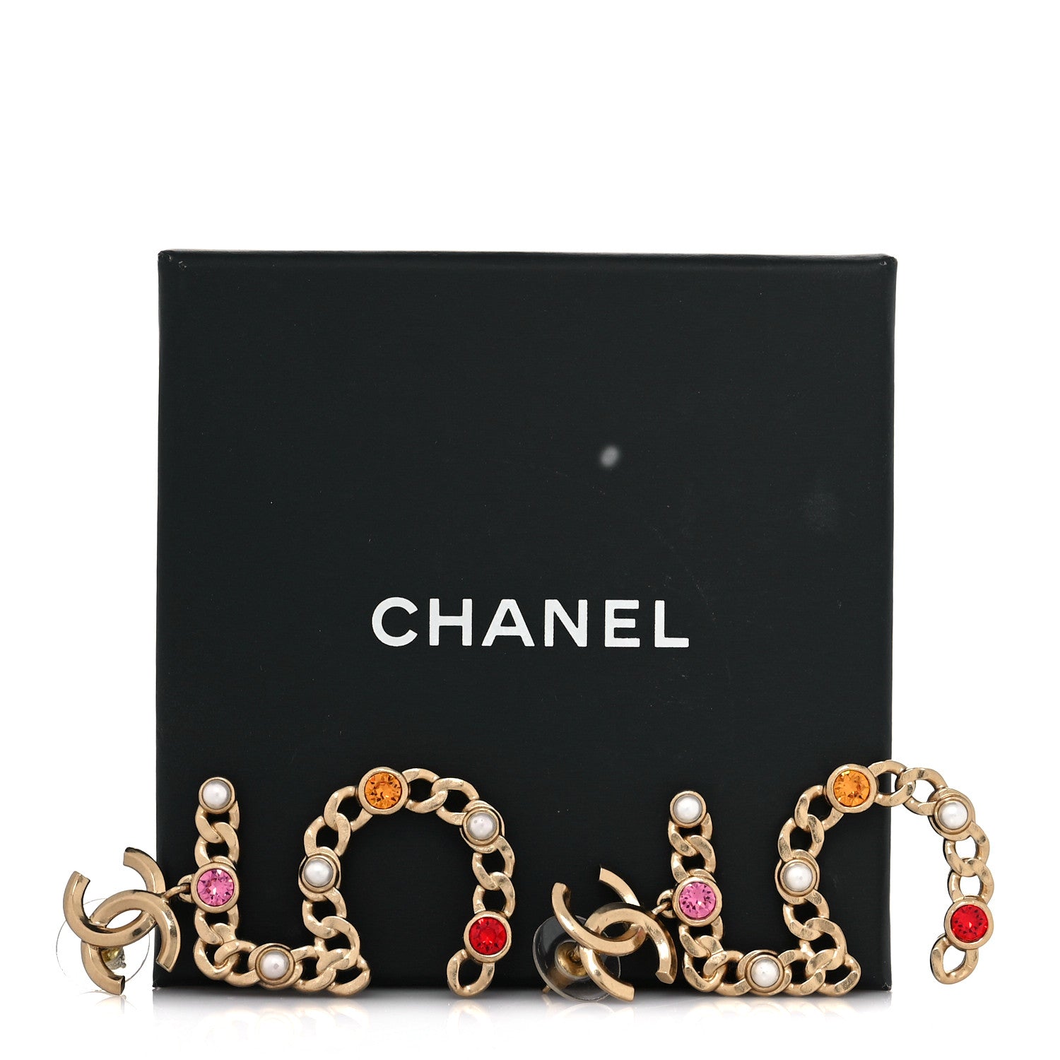 Chanel Pearl Crystal Chain CC No 5 Drop Earrings Gold Pink Red Orange 5 of 5