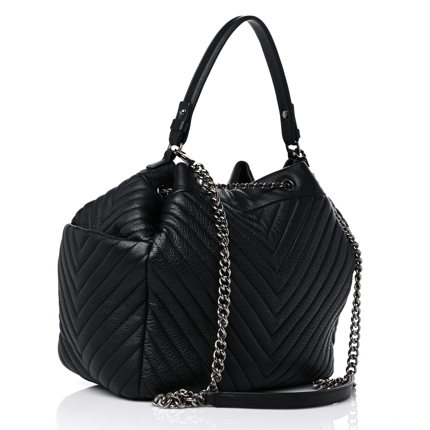 Deerskin Chevron Large CC Chain Bucket Drawstring Bag Black