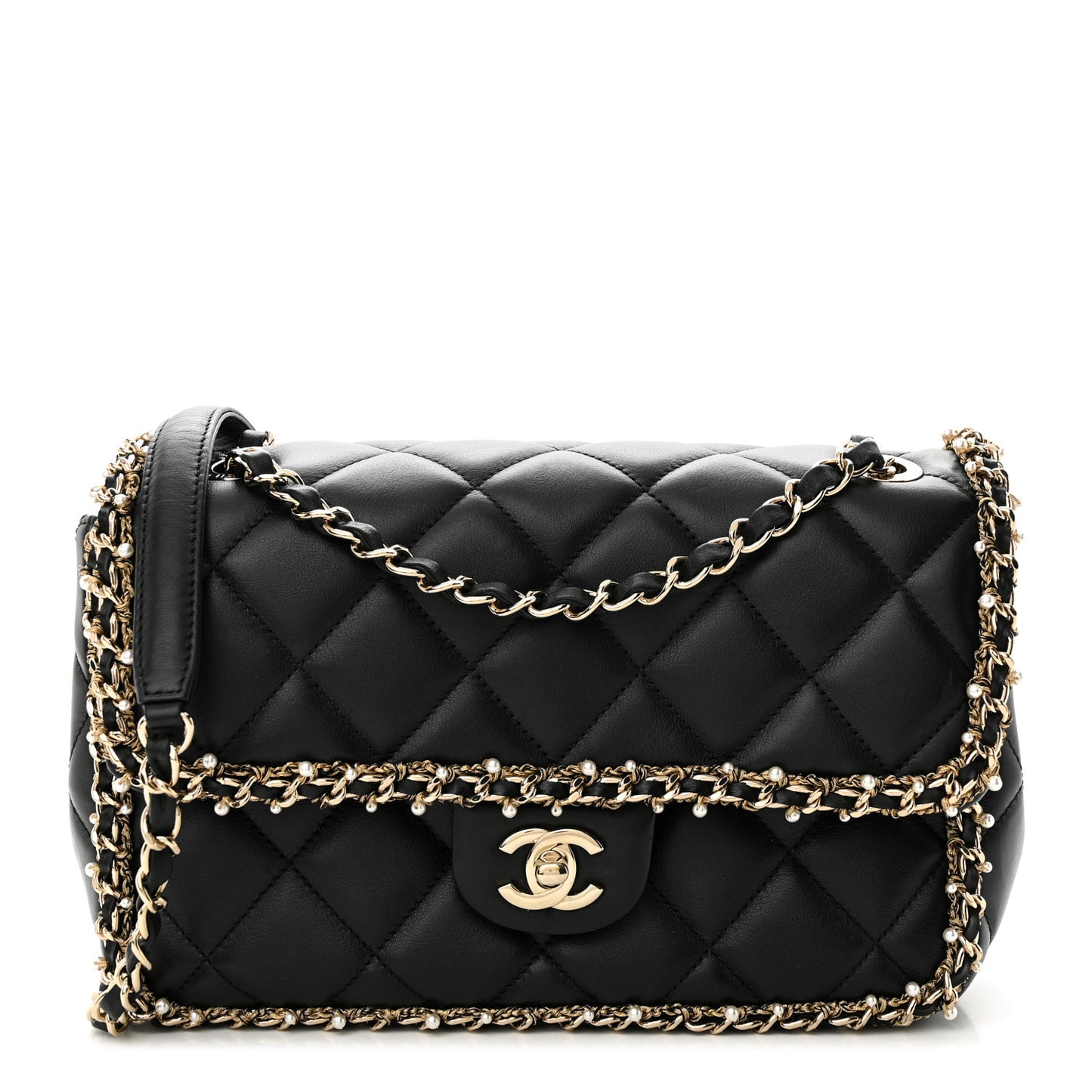 Lambskin Quilted Pearl Edge Rectangular Flap Bag Black