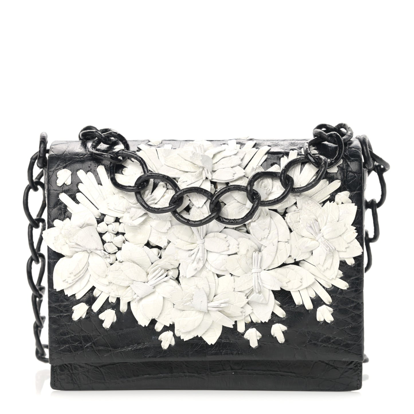 Crocodile Floral Applique Chain Shoulder Bag Black White