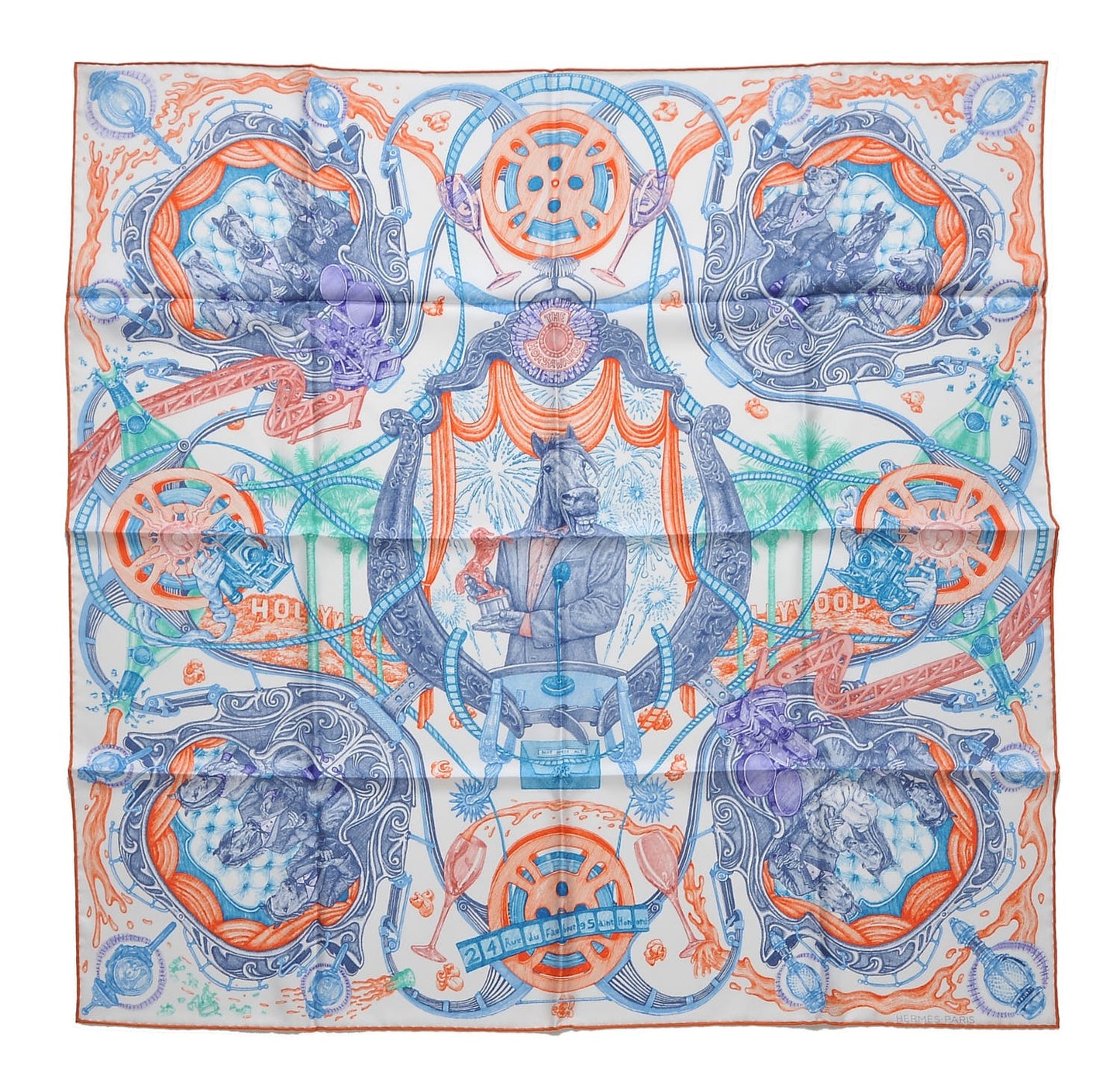 Silk Horsawards Scarf 90 Blanc Orange Bleu