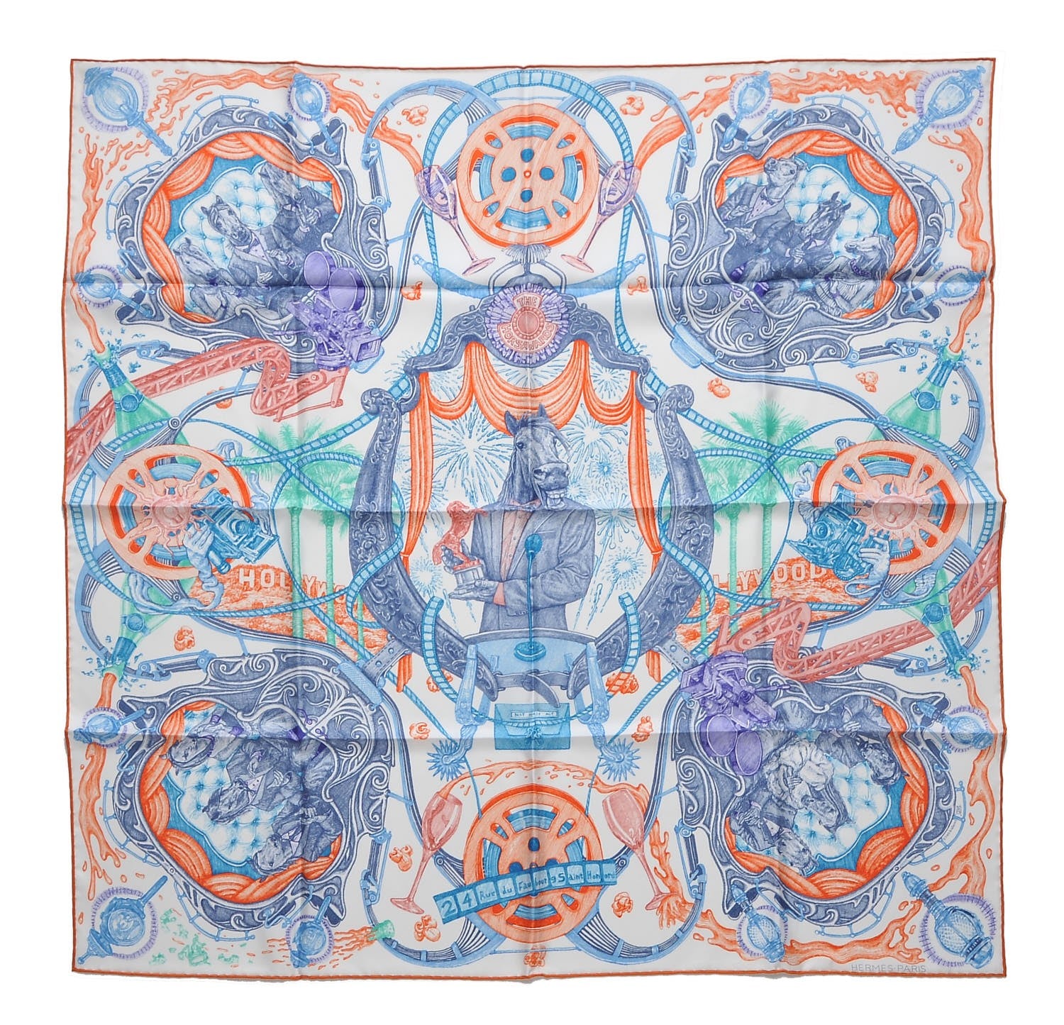 Hermes Silk Horsawards Scarf 90 Blanc Orange Bleu 1 of 11