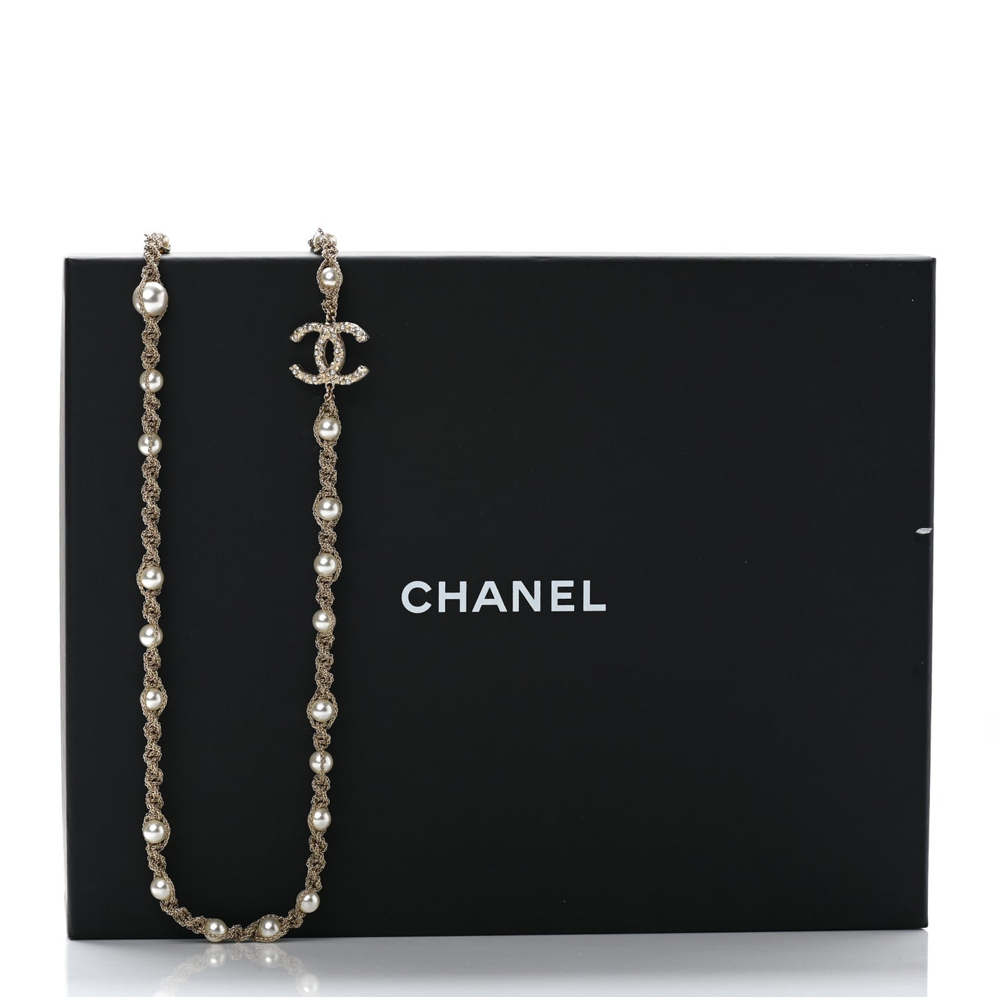 Pearl Crystal CC Chain Long Necklace Gold