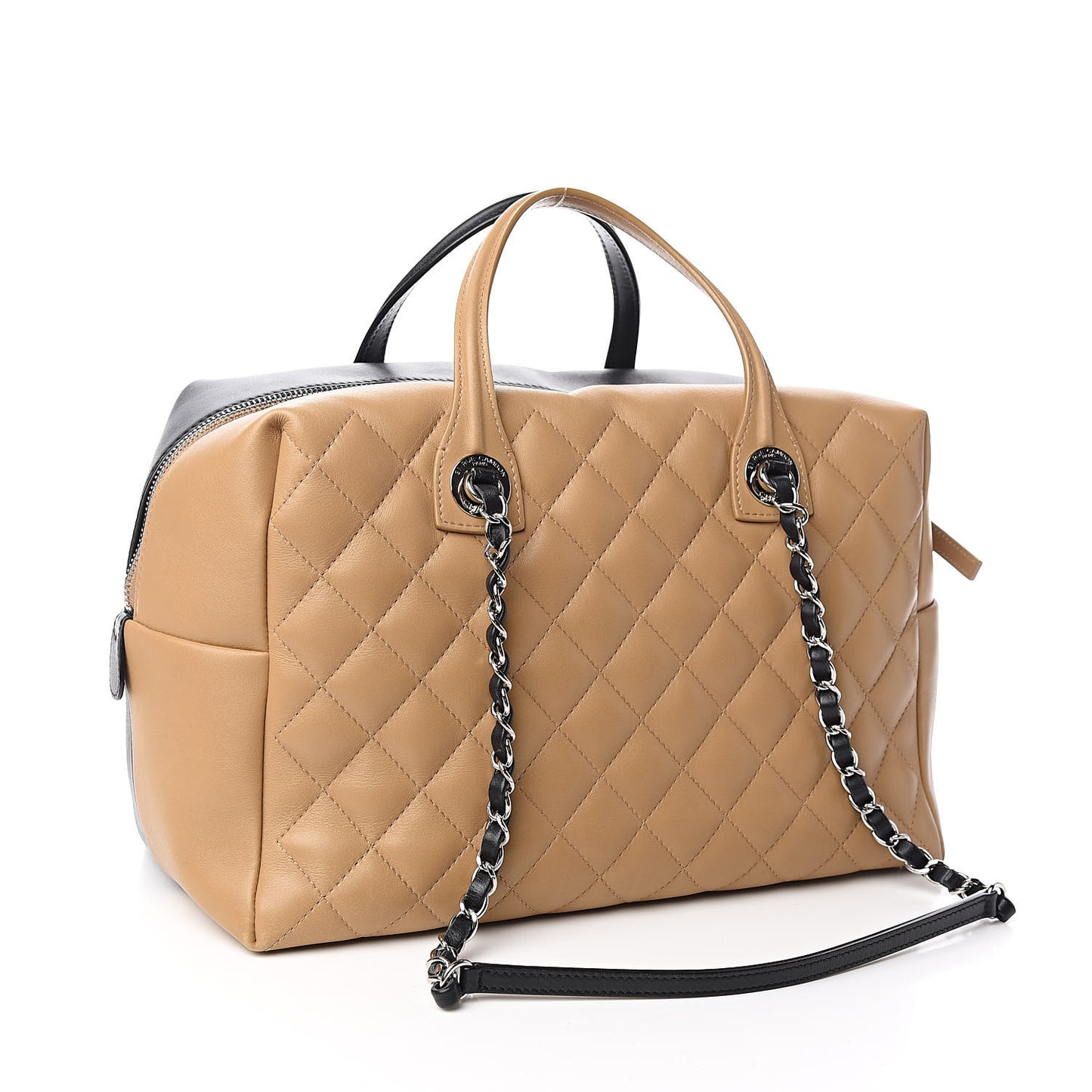 Calfskin Quilted Bi-Color Feather Weight Bowling Bag Black Beige
