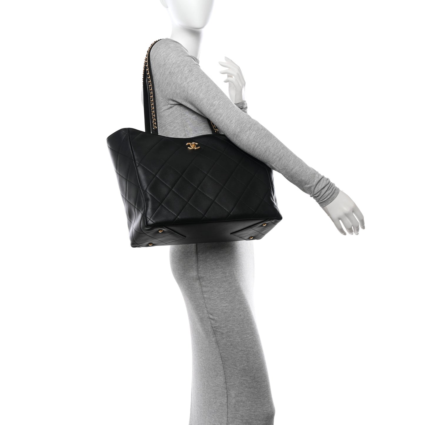 Calfskin Quilted Book Pocket Shopping Tote Black
