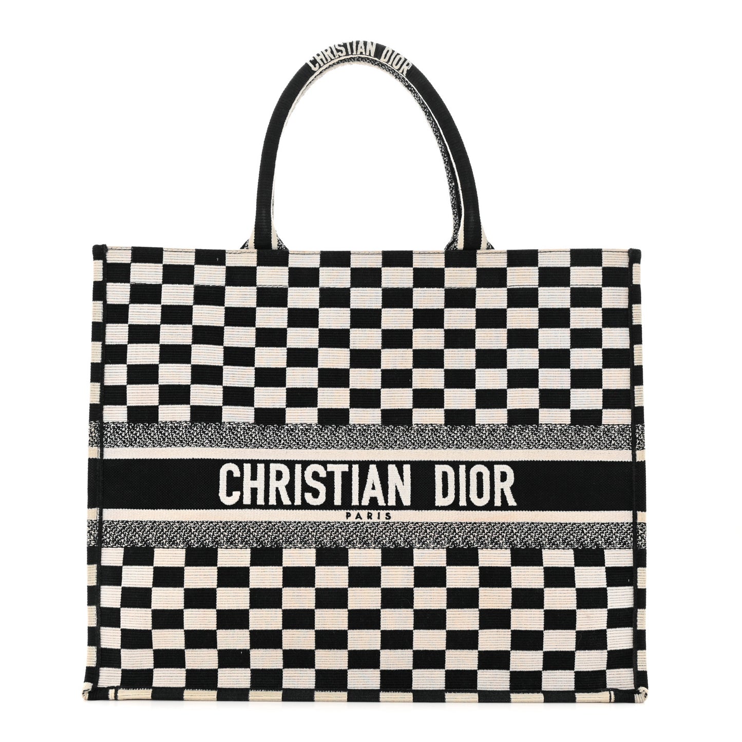 Canvas Embroidered Checkered Book Tote Black White