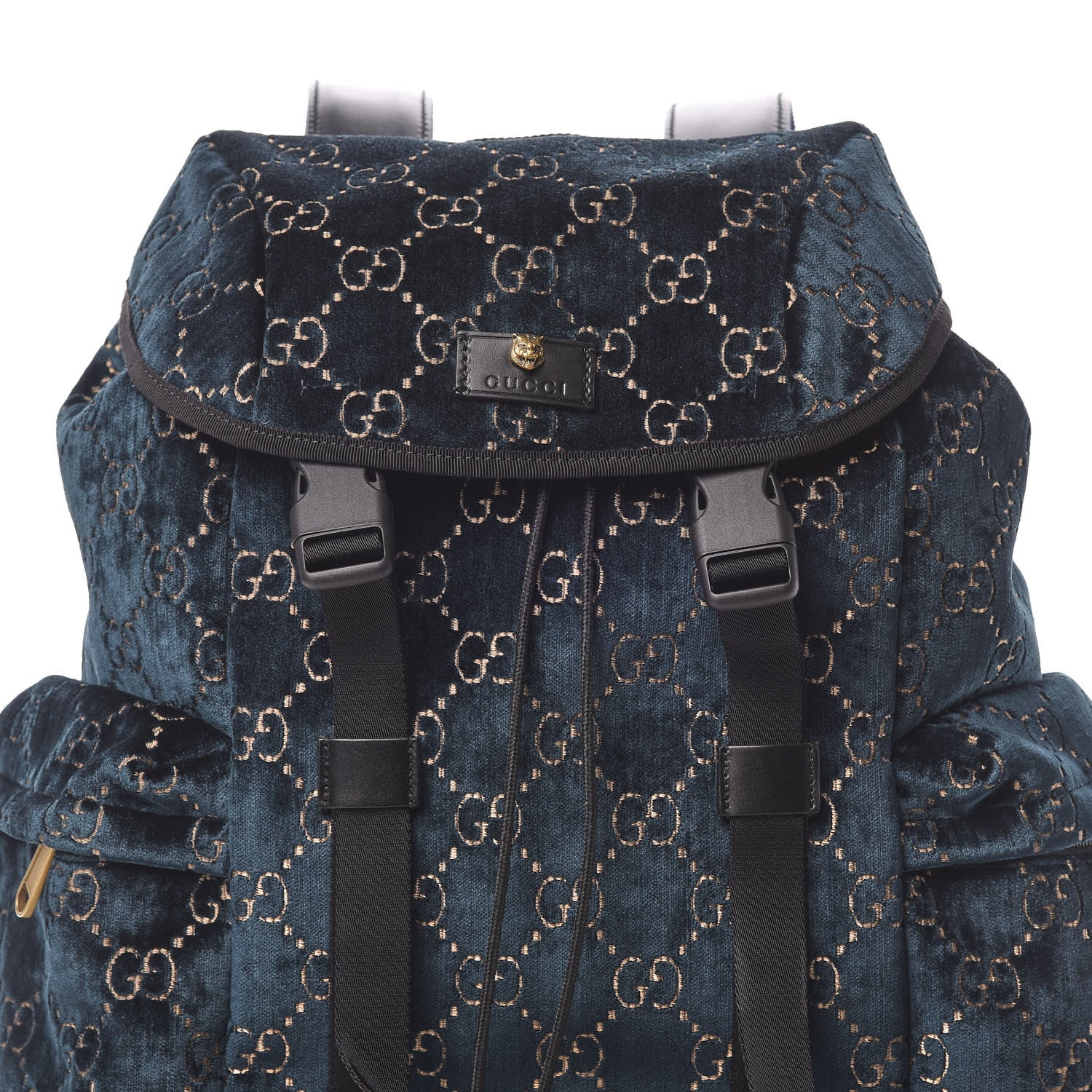 Gucci Velvet GG Monogram Web Medium Double Buckle Backpack Blue Beige Black 7 of 9