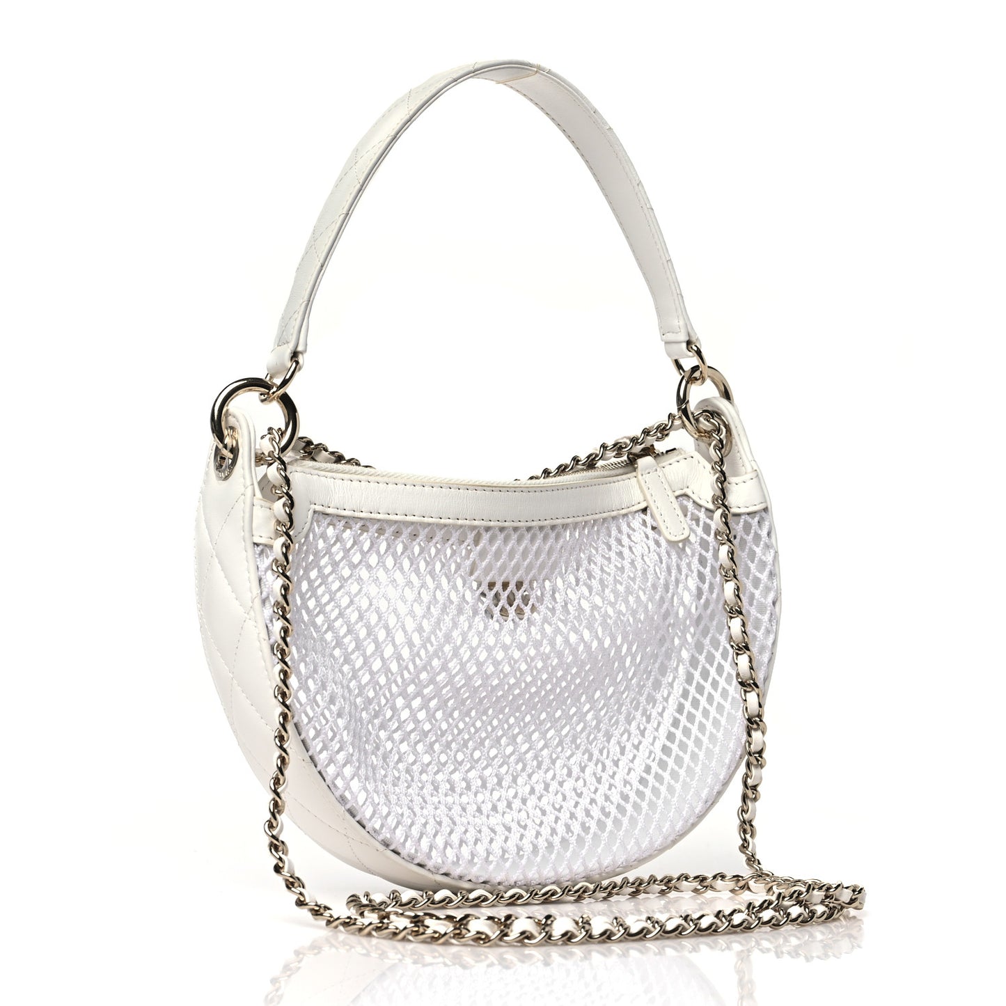 Mesh Shiny Lambskin Chain Hobo White