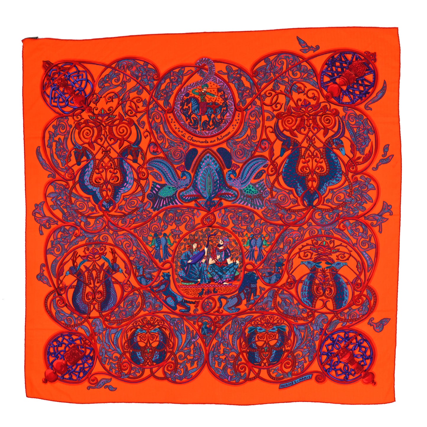 Cashmere Silk La Charmante Aux Animaux Scarf Shawl 140 Rouge Vif Orange Petrole