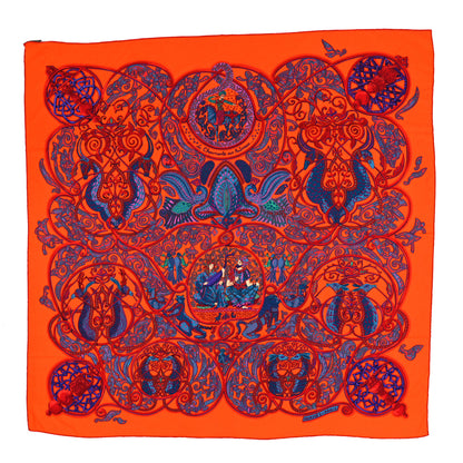 Hermes Cashmere Silk La Charmante Aux Animaux Scarf Shawl 140 Rouge Vif Orange Petrole 1 of 3
