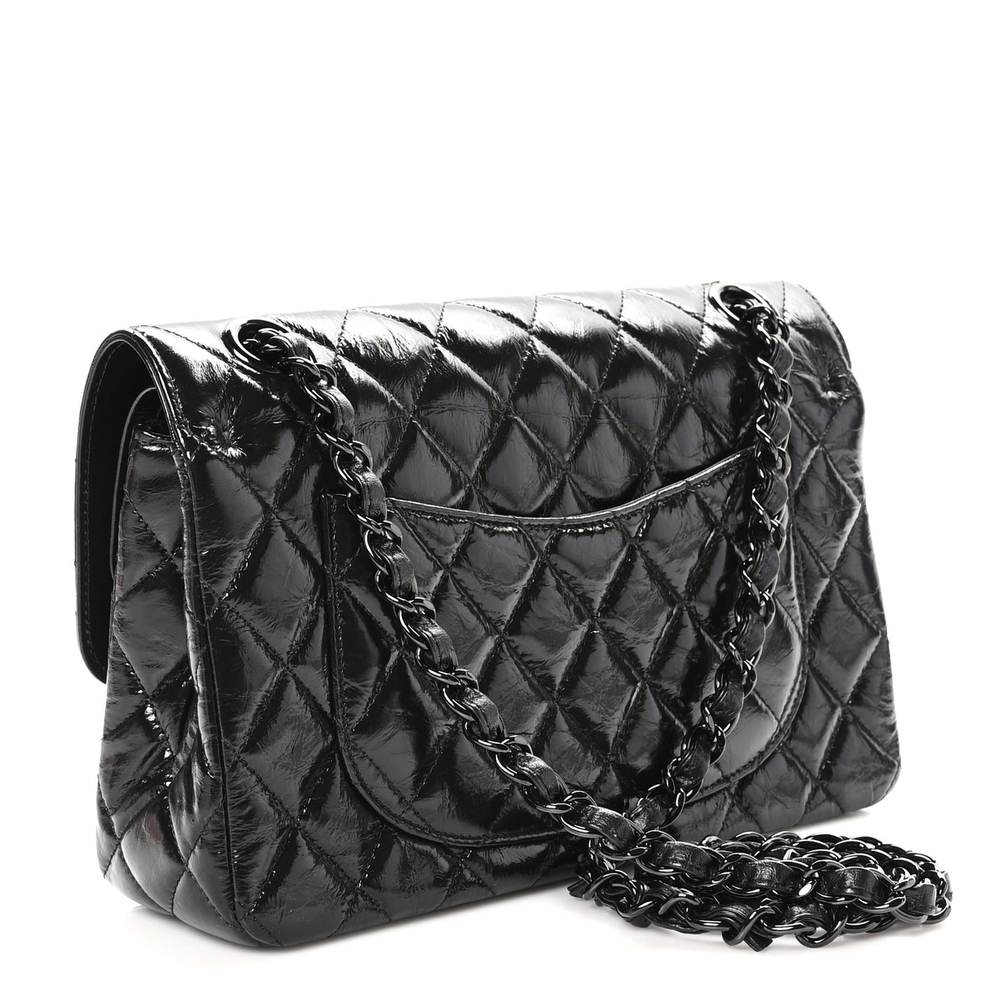 Shiny Crumpled Calfskin Quilted Small Double Flap So Black